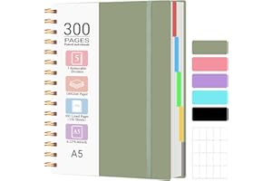 Spiral Notebook, A5 Size 5 Subject Notebooks College Ruled with Tabs and Removable Dividers, 300 Pages 100GSM Thick Spiral Ru