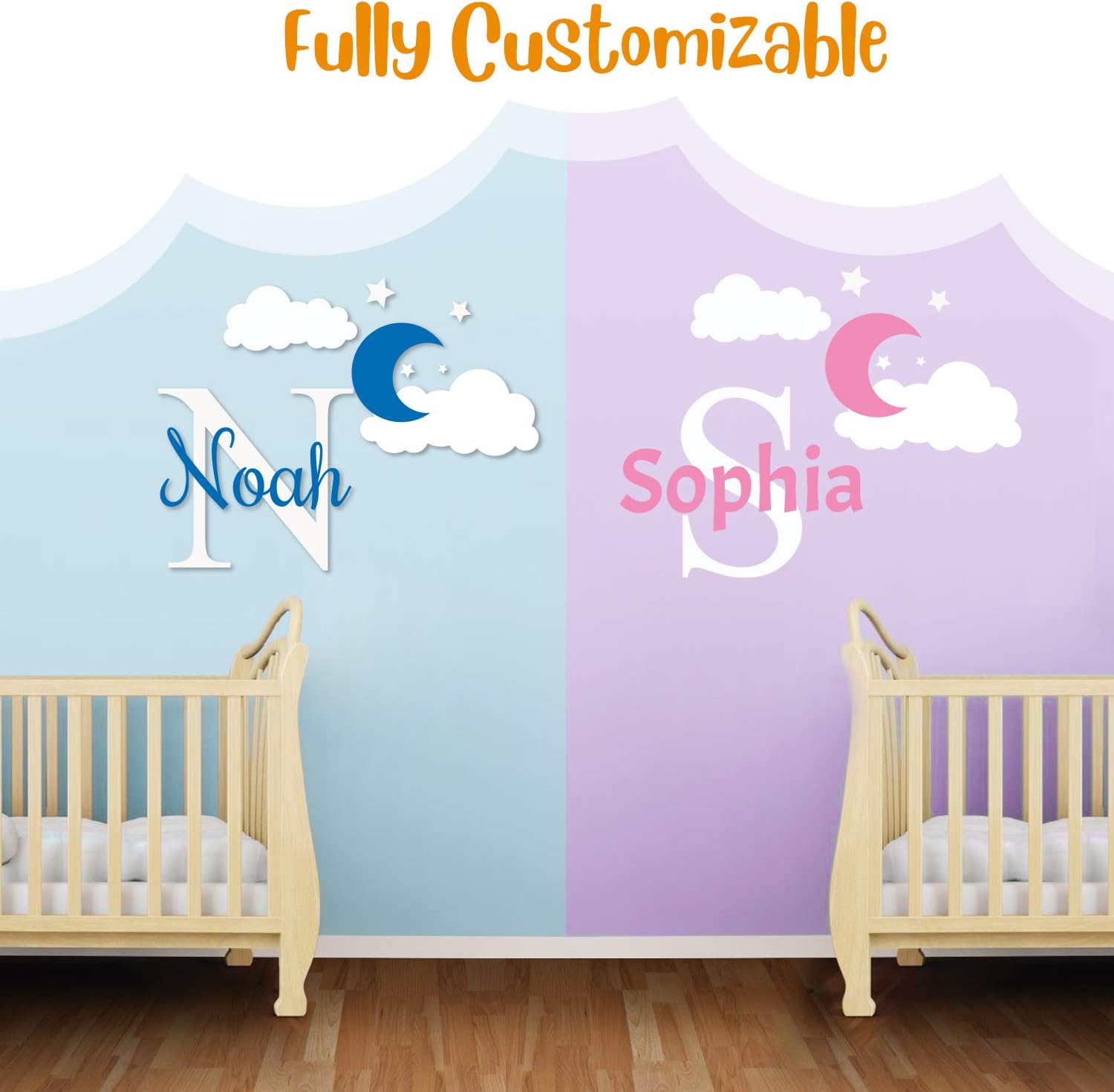 Multiple Font Custom Name & Initial Moon Clouds Stars - Baby Boy - Nursery Wall Decal for Baby Room Decorations - Mural Wall Decal Sticker for Home Children's Bedroom (MM109V2): Kitchen & Dining