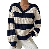 Women Color Block Sweater Loose V Neck Long Sleeve Slouchy Cable Knit Pullover Jumper Tops