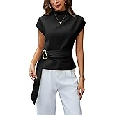 Yeokou Women Buckle Tie Top Stand Collar Belted Short Sleeve Elegant Dressy Spring Summer Business Casual Party Blouse