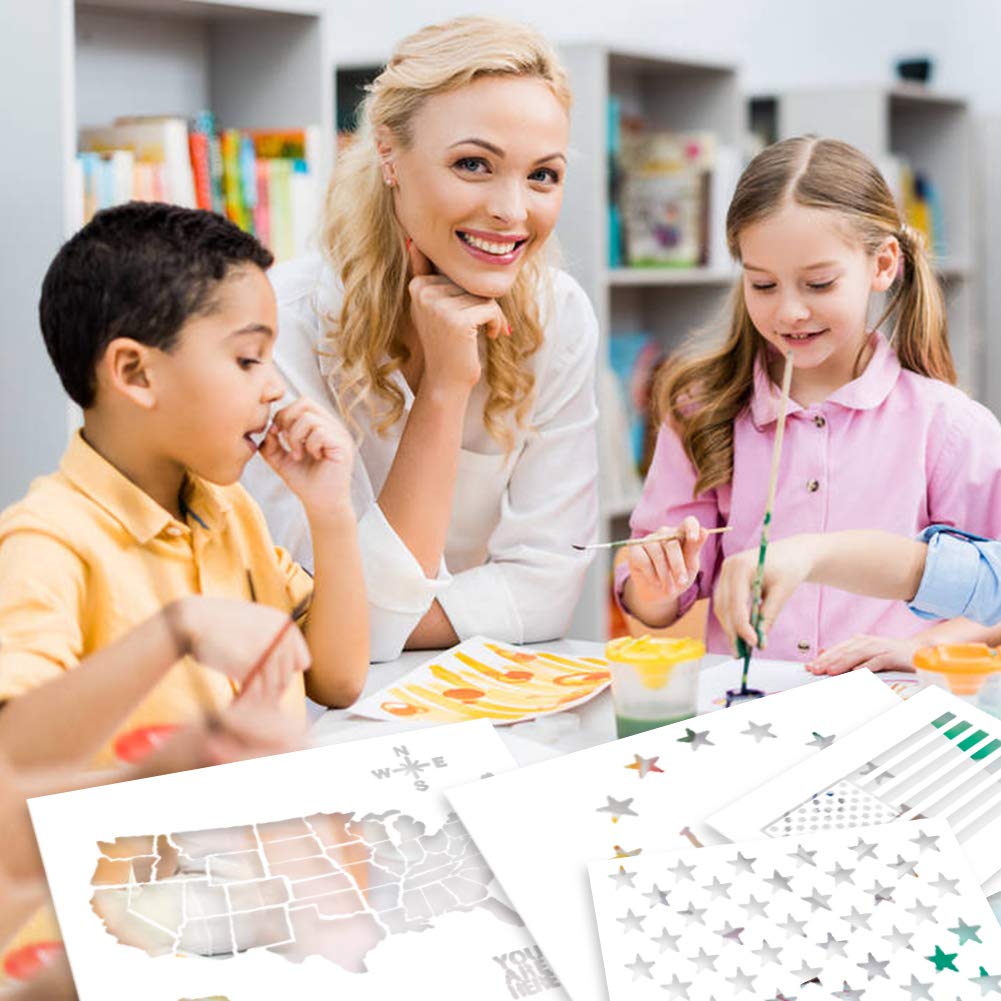 USTOP Plastic Stencil Template, 7PCS Stars U.S 50 Star Maps Flags 13 Star 1776 Stencils for Journal, Planner, Notebook, Wood, Paper, Fabric, Glass, and Wall Art Graffiti Drawing Painting