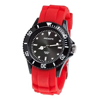 Andante Sportliche Wasserdichte Unisex Armbanduhr Silikon Uhr Quarz 3ATM ROT SCHWARZ AS-5005