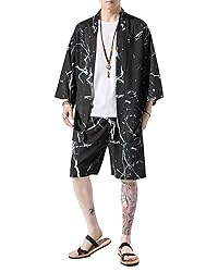 Ambcol Men's Japanese Style Kimono Tops Shorts Sets