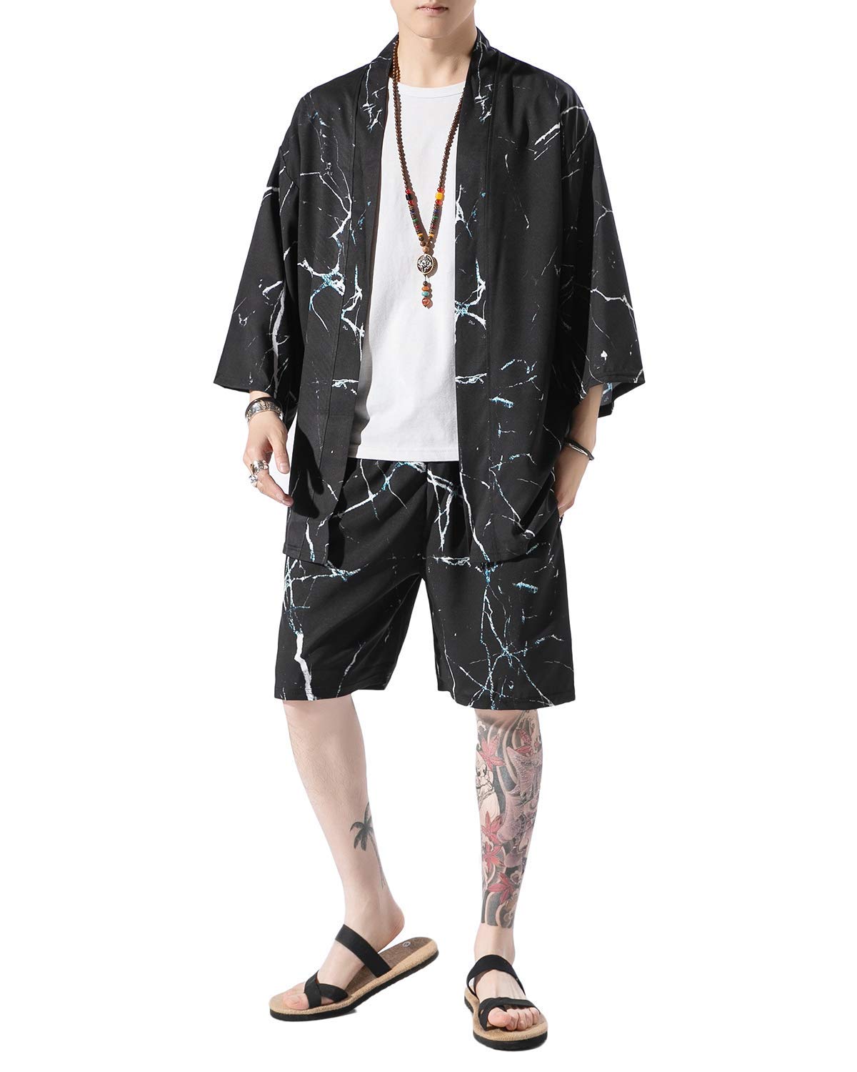 Ambcol Men's Japanese Style Kimono Tops Shorts Sets
