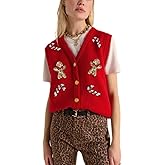 Women Christmas Sweater Vests Santa Claus Print Sleeveless Knit Cardigan Vest Christmas Holiday Tank Top