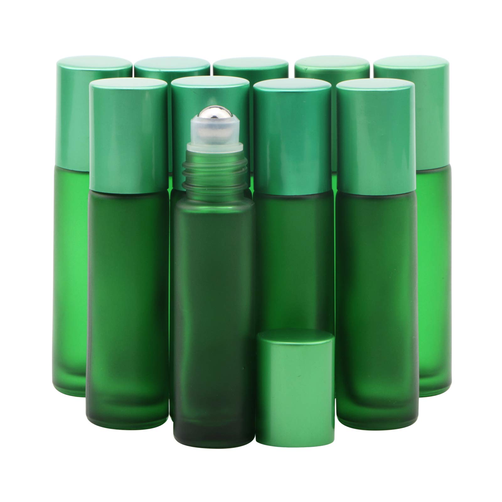 Rowiz 10PCS 10ml Green Frosted Glass Bottle Leakproof Glass Bottle Essential Oil Roller Bottles Set With Stainless Steel Balls And Anodized Aluminum Screwcap For Perfume & Aromatherapy Oils