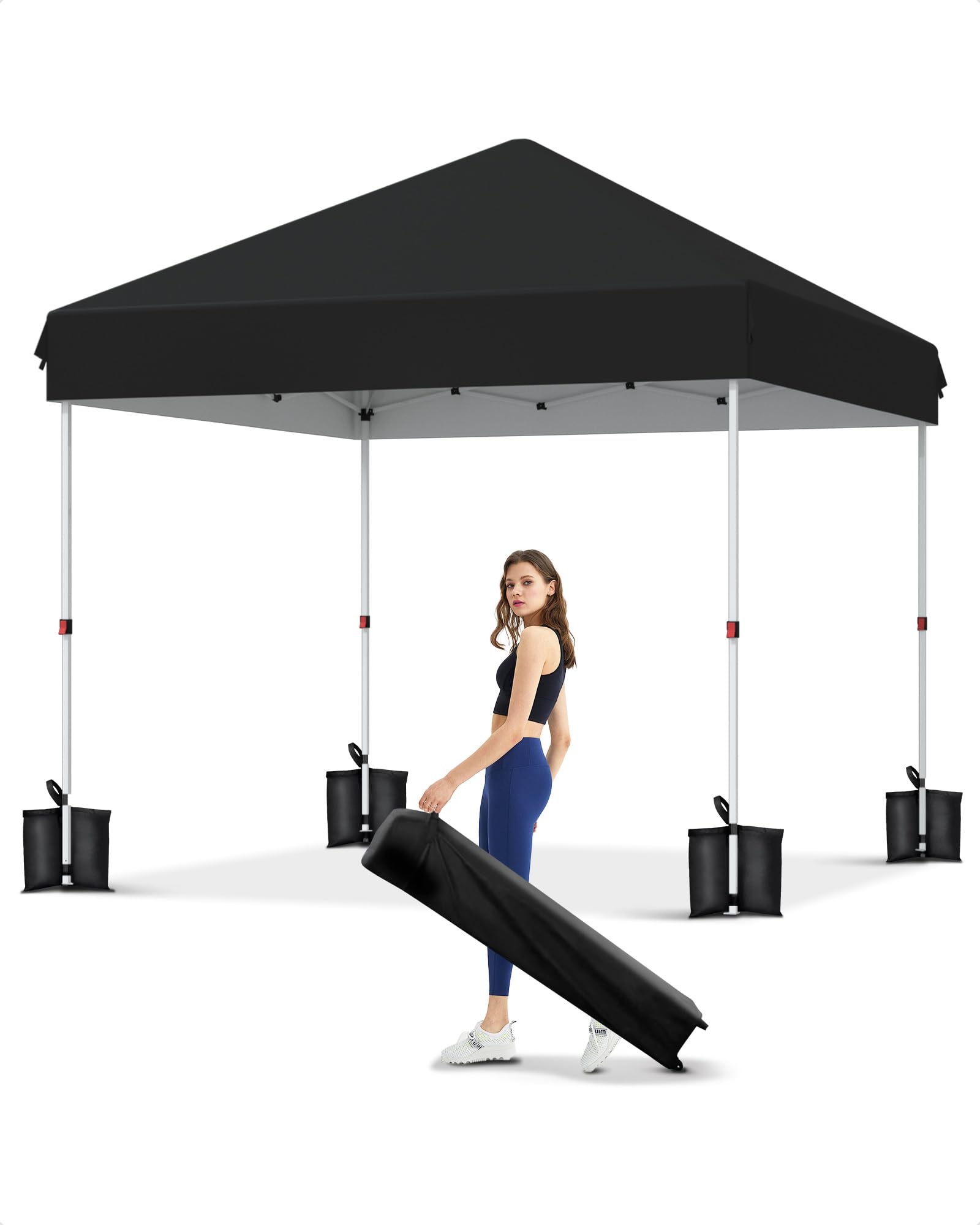 Photo 1 of 10x10 Pop Up Canopy with One Button Push Setup - Heavy Duty Outdoor Canopy Tent with Portable Roller Bag - 3 Adjustable Height, 4 Weight Bags, 8 Stakes & 4 Guy Ropes Included, Black