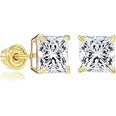 Solid 14k Yellow Gold Solitaire Square Princess-cut CZ Stud Earrings with Secure Screw-backs