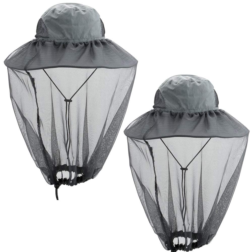 2 Pack Mosquito Head Net Hat Hats with Removable Veil Net Mesh Hiking Fishing Gardening Protect from Bee Mosquito for Women Men, Dark Gray