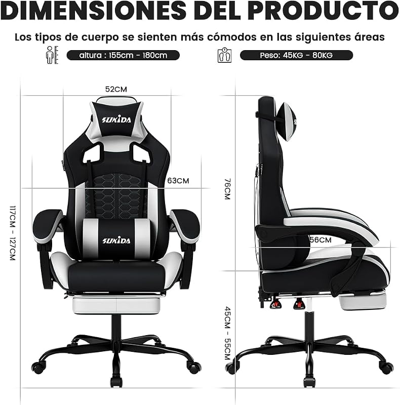 Silla ergonómica para Videojuegos, de Oficina, de Piel sintética, con reposacabezas, ergonómica, con Soporte Lumbar, hasta 150 kg — foto 3 de 8