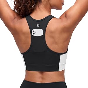 Aoysky Women's Color Block Sports Bra with Phone Pocket | Medium Impact, Racerback Workout Crop Tank Top, Removable Padded, S