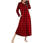 Ekouaer Nightgowns for Women Long Sleeve Sleepshirt Button Nightshirt Plaid Full Length Sleepwear with Pockets S-XXXL