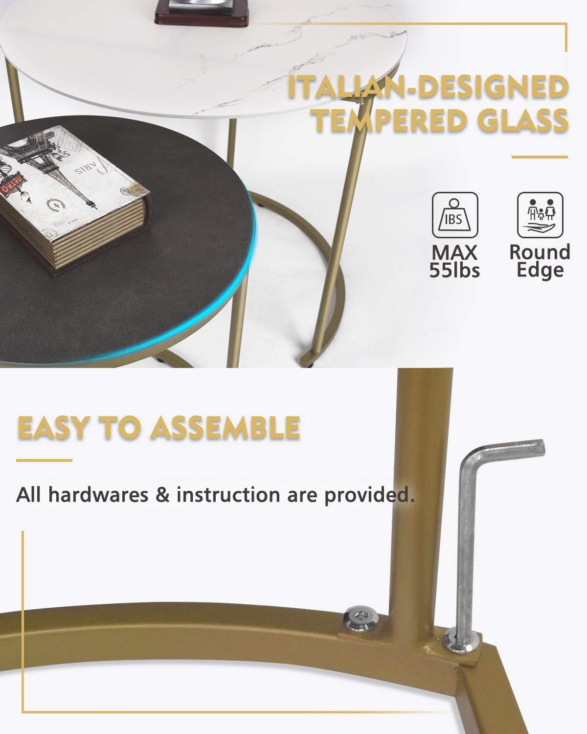 Modern Nesting Side Coffee Tables Set of 2, Tempered Glass with Glazed Marble Texture & Dark Gray Finish Top Waterproof Outdoor and Indoor End Tables, Stacking Table, ET219AB-WG: Kitchen & Dining
