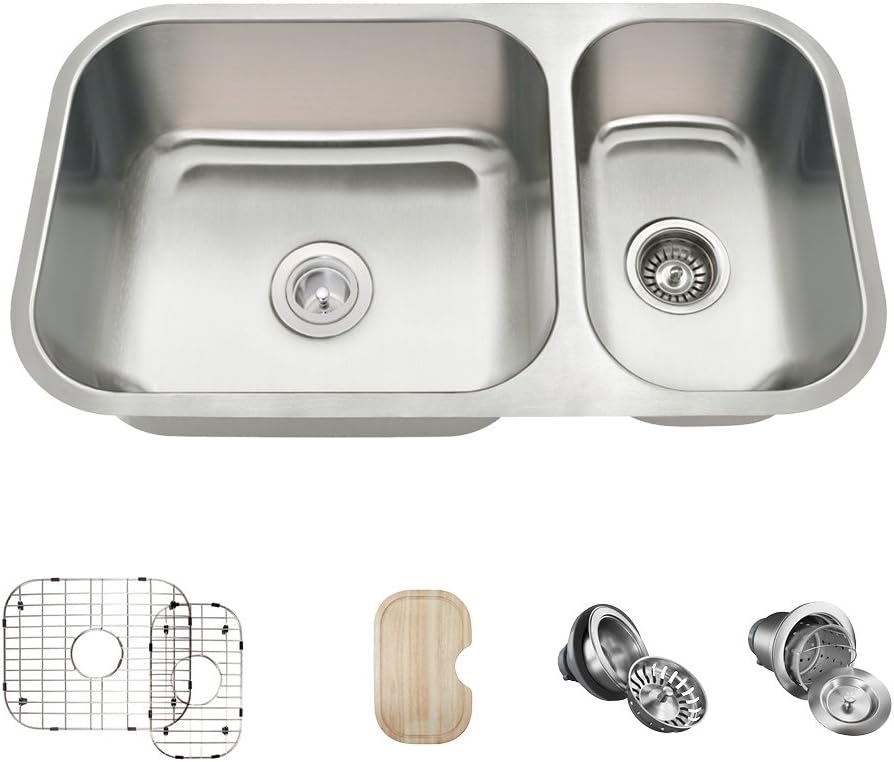 MR Direct 3218B-16-ENS Stainless Steel Undermount 32-1/4 in. Double Bowl Kitchen Sink with Additional Accessories, 16 Gauge