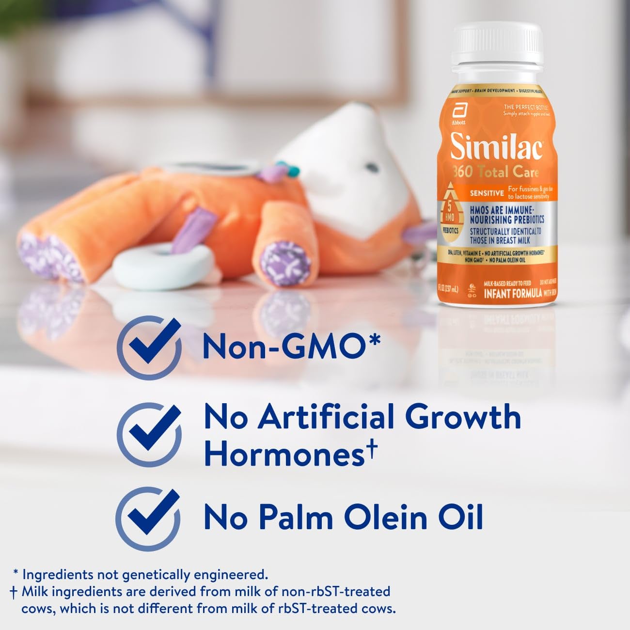 Similac 360 Total Care Sensitive Infant Formula for Fussiness & Gas Due to Lactose Sensitivity, Has 5 HMO Prebiotics, Baby Formula, Ready to Feed, 8-fl-oz Bottle, Pack of 24
