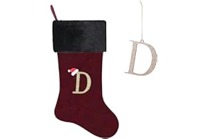 Yehnois 20 Inches Letter Embroidered Christmas Stocking,Personalized Burgundy Velvet Christmas Stocking,Holiday Season Decor and Xmas Gift（D）