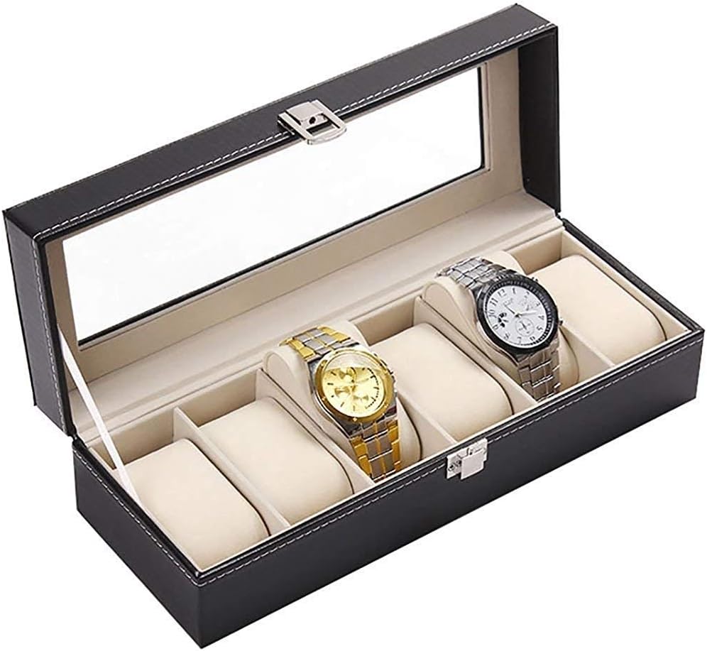 LWVAX® Watch Organizer 6 Slot Watch Box PU Leather Watch Storage Case with Lock Display Case Organizer Glass Jewelry Storage Black