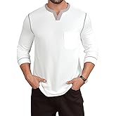 LuxMania Men's Casual V Neck Long Sleeve Tees Henley T-Shirt Comfortable Pullover Tops with Pocket White XXL