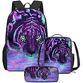 Cumagical Kids Backpack Purple Tiger Print Lightweight Daypack Set 3 Pieces with Lunch Bag Pencil Case for Kids Girls Boys