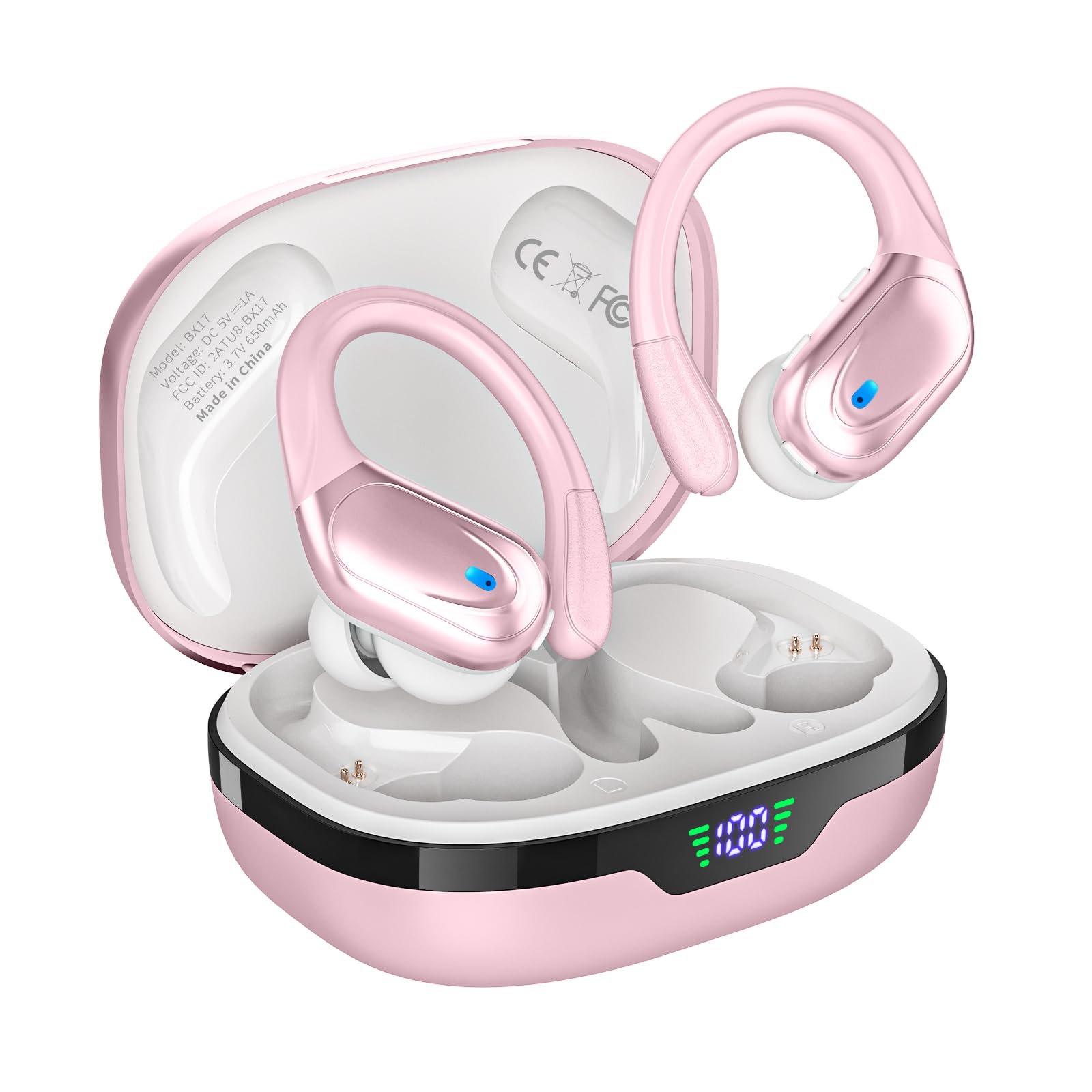 HAOYUYAN Wireless Earbuds, Sports Bluetooth Headphones, 80Hrs Playtime Ear Buds with LED Power Display, Noise Canceling Headset, IPX7 Waterproof Earphones for Workout/Running (Pink) Image