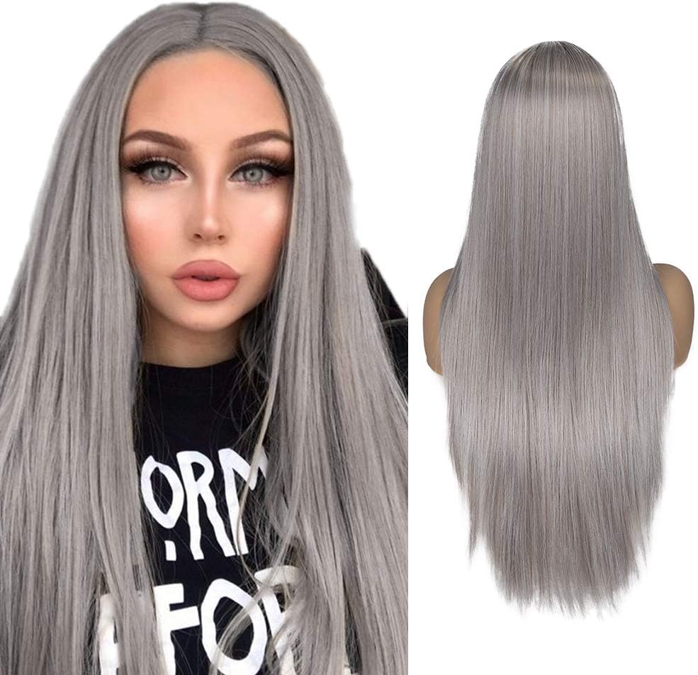 Hanne Fashion Long Straight Wig Ash Grey Synthetic Wigs Middle Part Heat Resistant Cosplay Party Daily Full Wig for Women 24 Inches