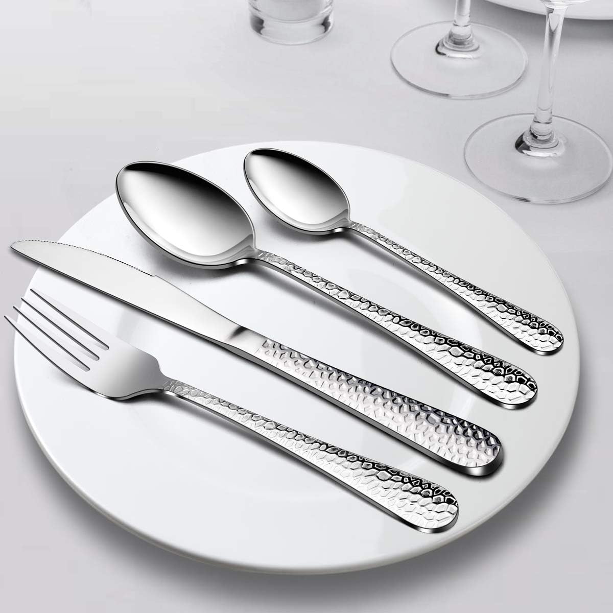 HaWare Cutlery Set, 32-Piece Stainless Steel Hammered Flatware Silverware Include Knife/Spoon/Fork - Image 5