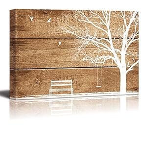 Canvas Prints Wall Art - Artistic Abstract Tree and Birds on Rustic Wood Background - 12" x 18"
