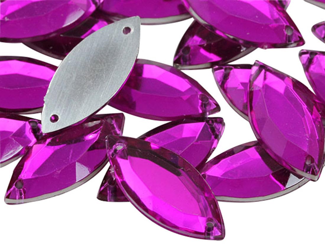 Allstarco 20x9mm Pink Fuchsia CH21 Navette Flat Back Sew On Beads for Crafts Plastic Acrylic Rhinestones with Holes for Sewing, Clothing Embelishments, Costume Cosplays 50 Pieces