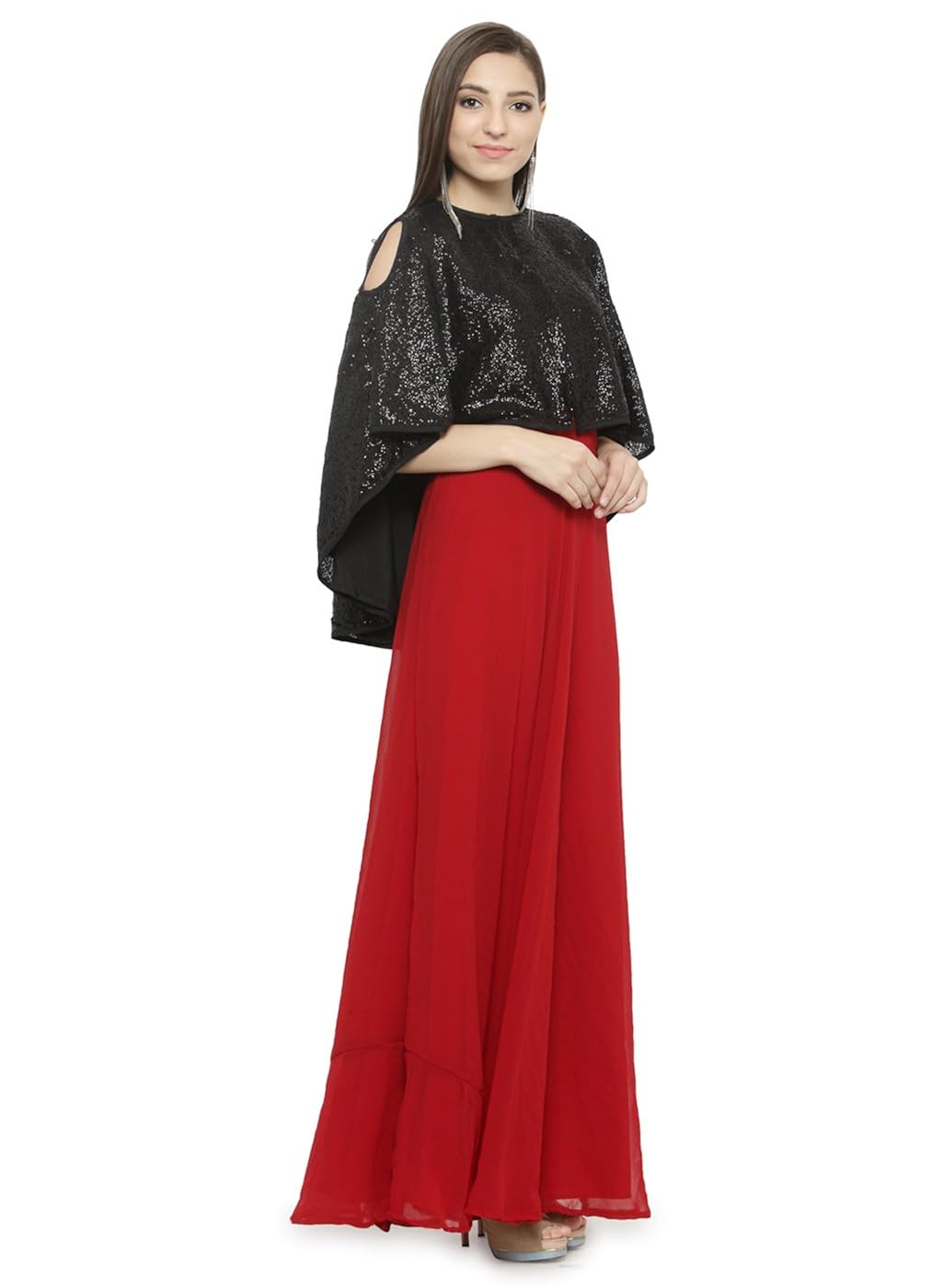 just wow maroon & black poly georgette women's dress (jw813)