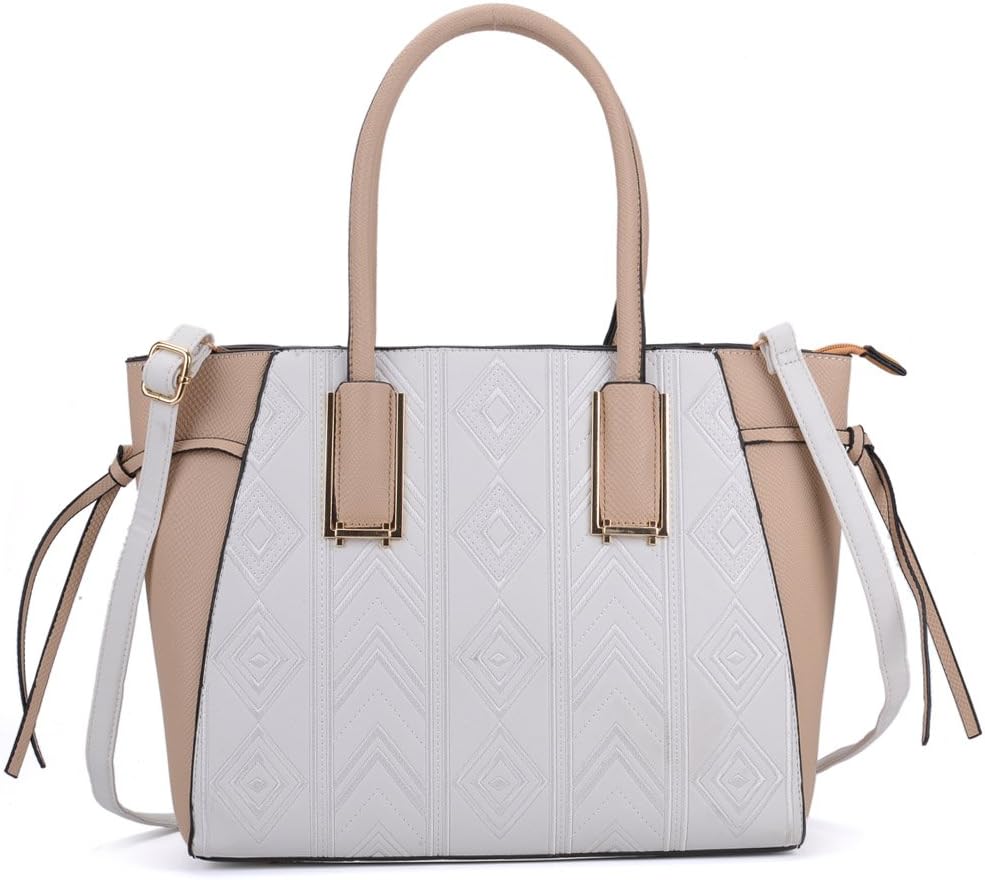 Sally Young Leather Look Stitching Shoulder Handbag Elegant Design Top Handle Fashion Handbags for Women (White)