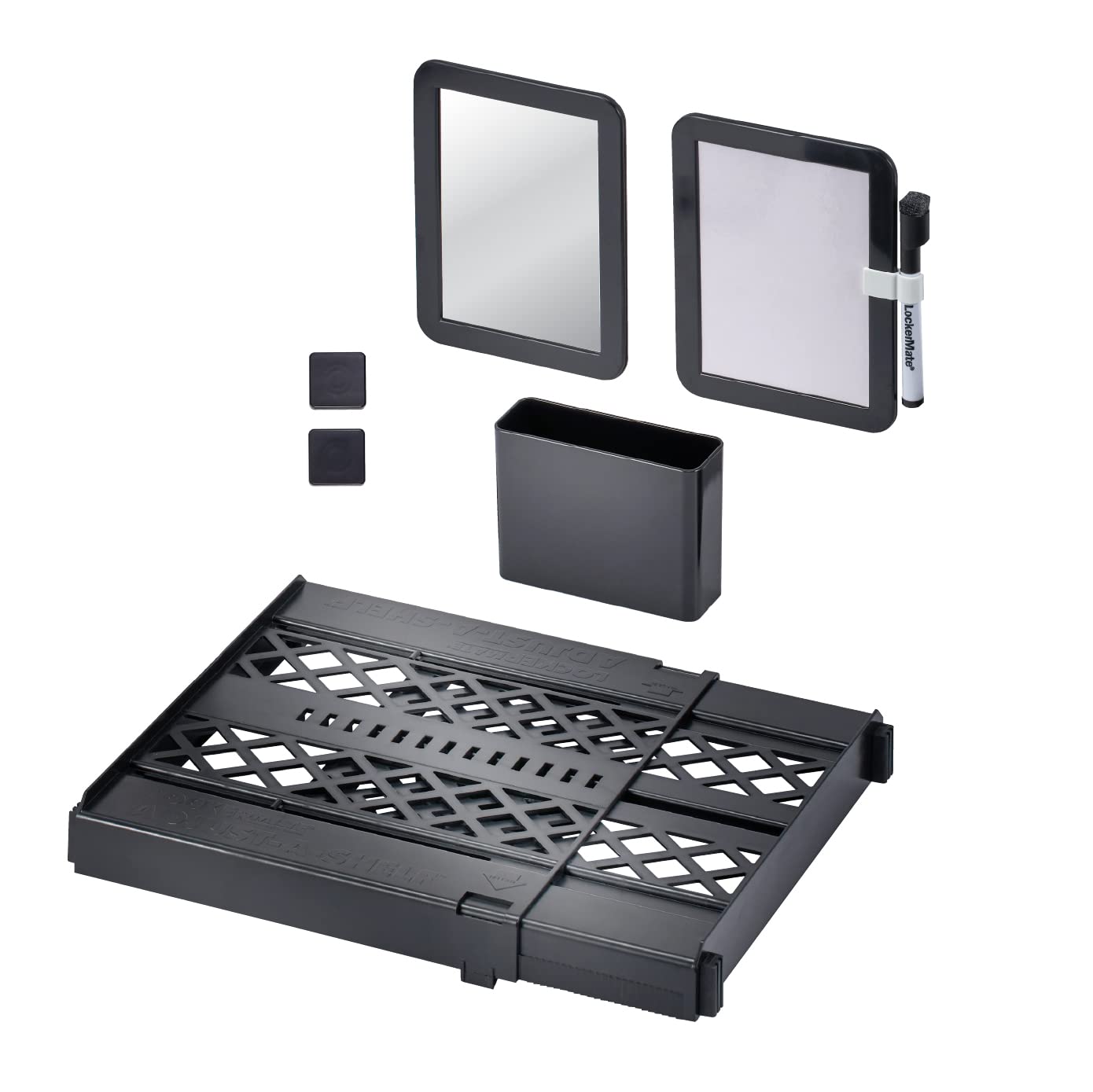 Photo 1 of LockerMate Adjust-A-Shelf 6-Piece Locker Accessories Set, Extends to Fit Your Locker, Includes Storage Drawer, Mirror, Whiteboard, Storage Cup, Black (50924KIT-BLK)