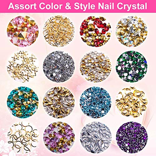 5 Boxes Nail Art Rhinestones Gold Silver Metal Nail Art Studs Rivets Nail Crystal Gems, Colorful Nail Art Rhinestones Nail Diamonds Kit with Tweezers and Wax Pen for Nail Art Supplies Accessories
