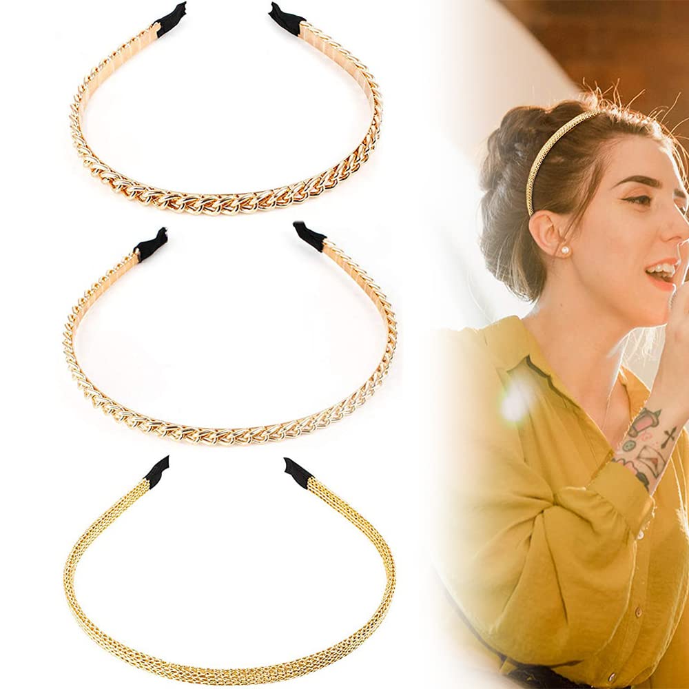 6 Pieces Hair Hoop Bands, Women Metal Headband, Gold Chain Hairband, Vintage Metal Headband, Alice Bands Headband, Fashion Beautiful Elegant Chic Gold Glitter Headband, For Women, Girls (3 Styles)