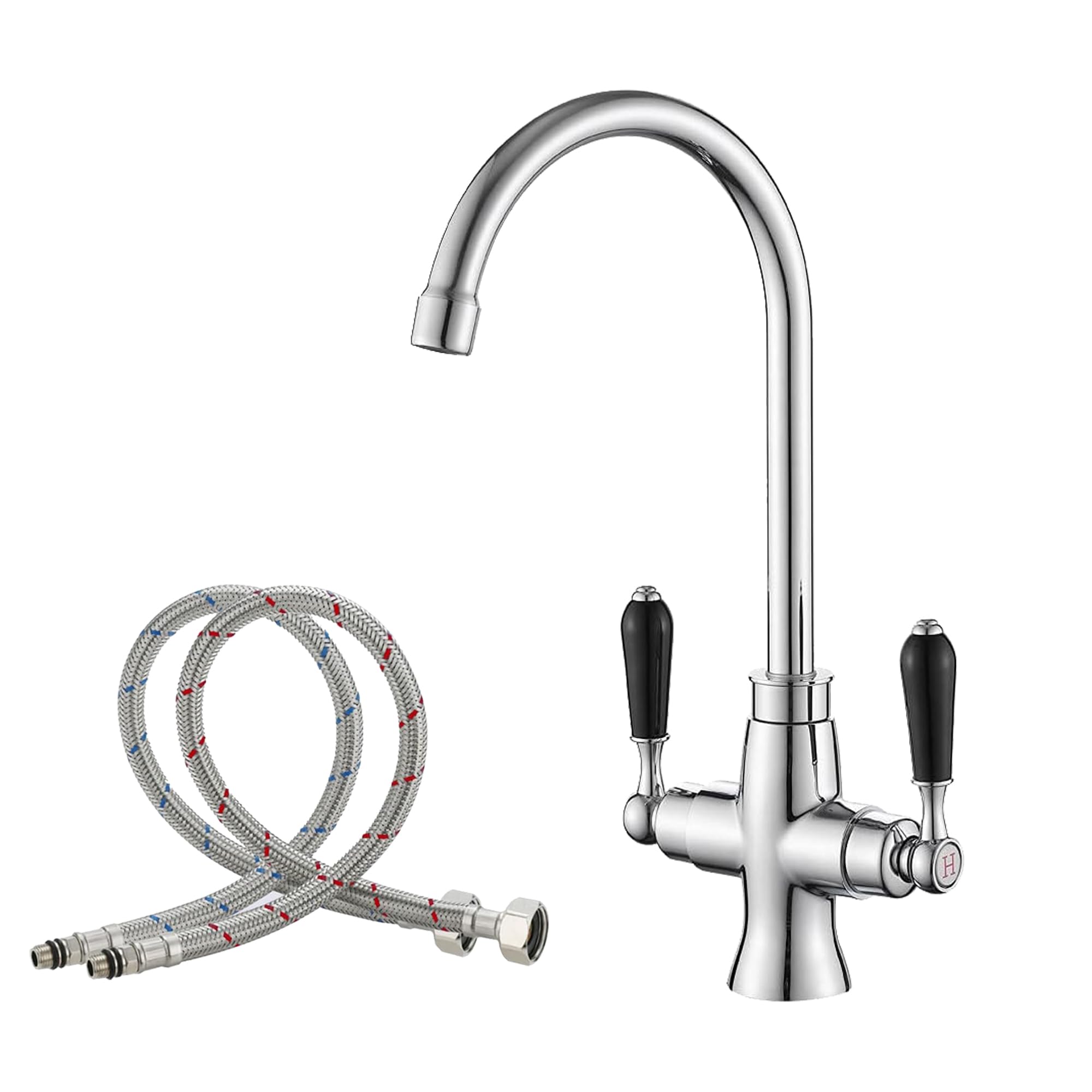 Haiba Kitchen Mixer Tap Chrome 1 Hole Brass Material Black Ceramic Dual Lever Monobloc Gooseneck High Arch 360 Swivel Hot and Cold Sink Taps Deck Mount for Kitchen with UK Standard Fittings