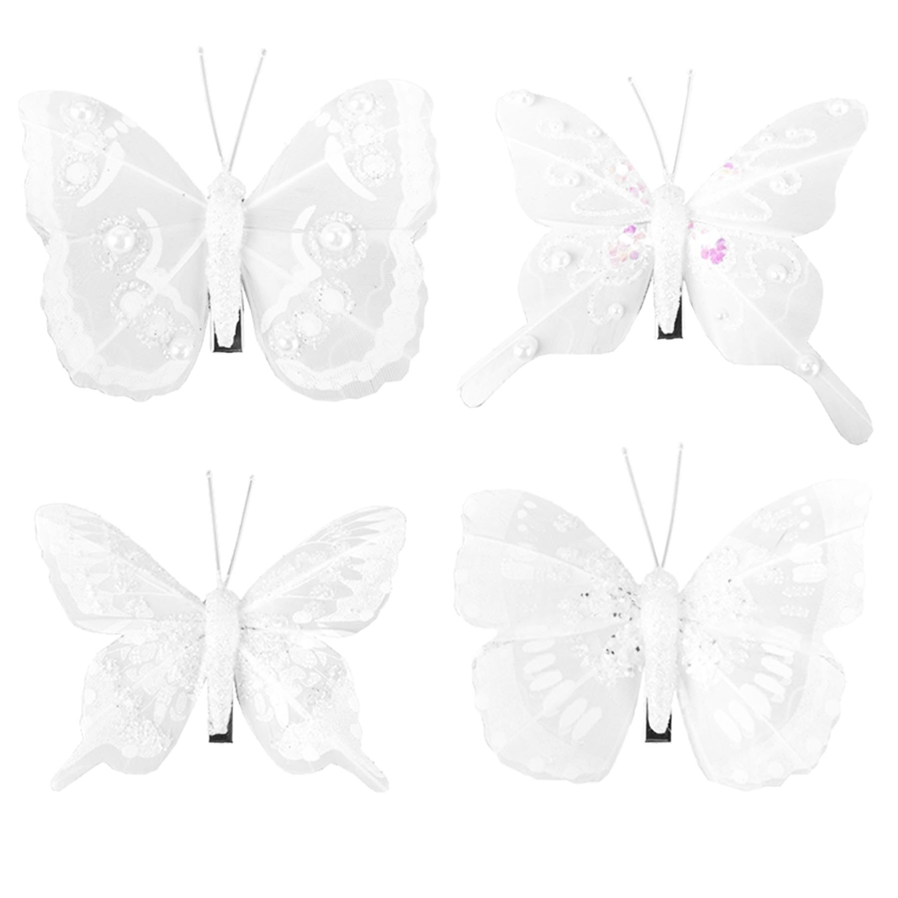 Christmas 8 Pack White Clip on Feather Butterflies with Glitter Tree Decoration