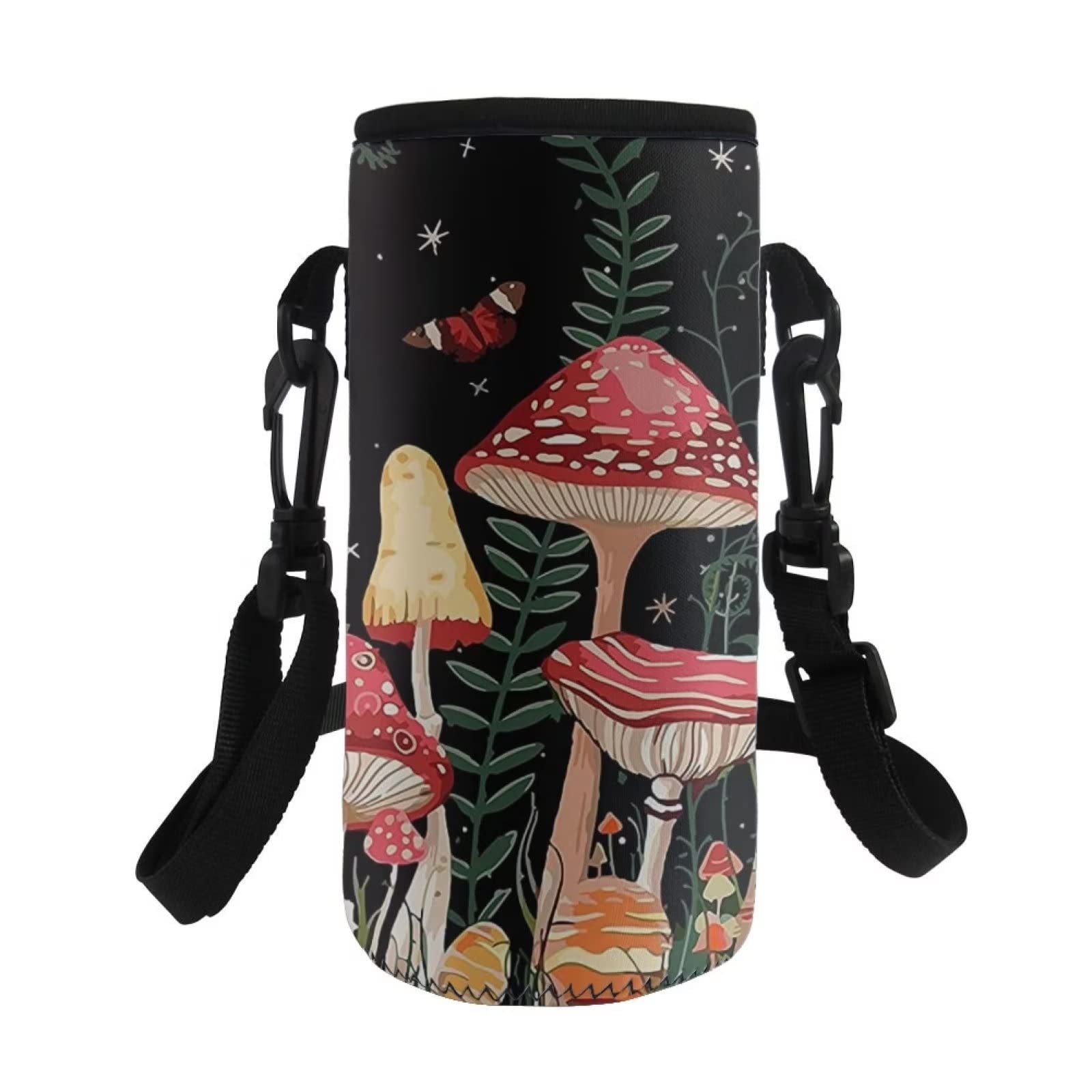 COEQINE Water Bottle Carrier Insulated Neoprene Adjustable Shoulder Strap for Adult Kids Hiking,Sling Bottle Bag Case,Print Mushroom Butterfly Moon — image 1