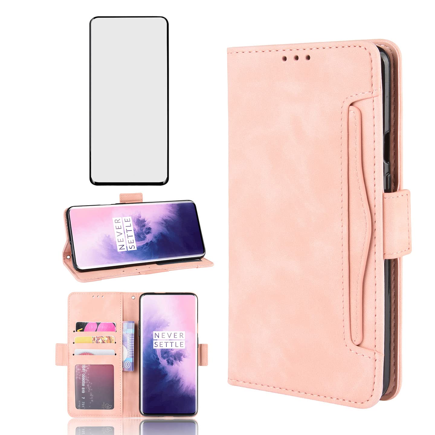Phone Case for OnePlus 7 Pro Wallet Purse Leather Flip With Tempered Glass Screen Protector Card Holder Slot Stand Kickstand OnePlus7Pro 5G One Plus 1+7 1Plus OnePlus7 7Pro One+ 1 + Seven Pink