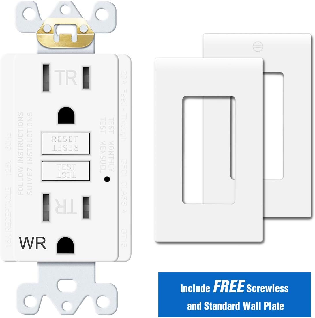 TOPELE 15 Amp GFCI Outlet 125 Volt Tamper-Resistant, Receptacle, Indicator with LED Light, Nylon Wallplate and Screws Included, White - - 
