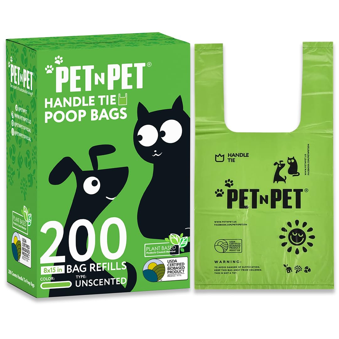 PET N PET Dog Poo Bags with Easy-tie Handles, Unscented Leak Proof Dog Bags for Poop, Certified 38% Biobased Dog Waste Bag Measures 8 x 15 Inches, Cornstarch