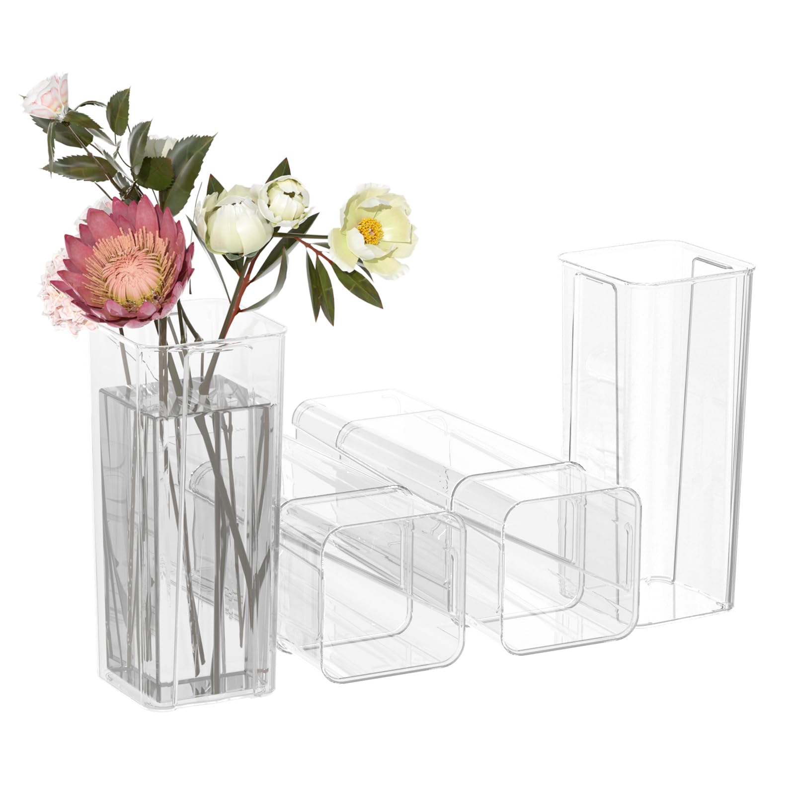 Photo 1 of Sandmovie 6 Pack 9.25-Inch Clear Square Table Flowers Vase, Tall Cube Acrylic Flower Vase Decorative Centerpiece