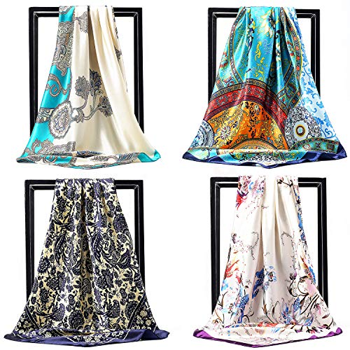 NUWEERIR 4pc Womens Large Square Scarf Set Silk Feeling Satin Solid Hair Wrapping 35x35 inches (Set 5)