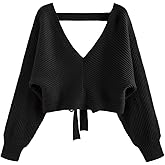 ZAFUL Women's V Neck Cropped Sweater Ribbed Knit Pullover Tops Sexy Drop Shoulder Jumpers