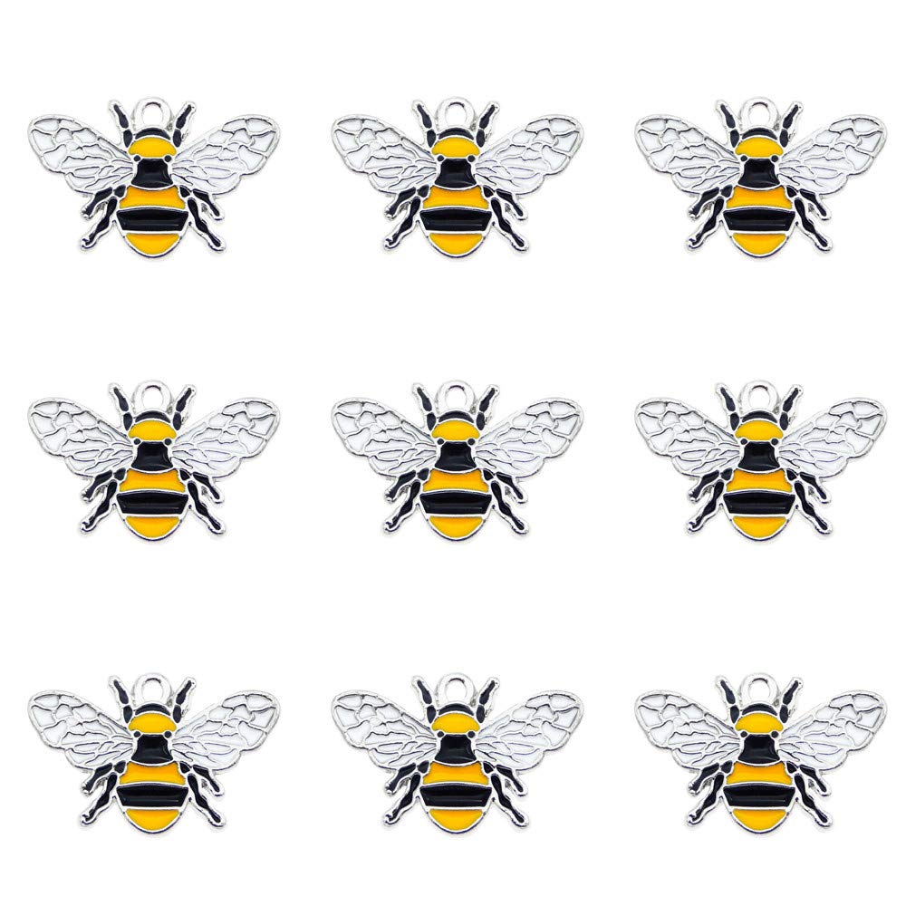 Julie Wang 16 Pcs Silver Alloy Enamel Charms Honey Bee Craft For DIY Jewellery Making Bracelets Earrings Necklaces Pendants Accessories 26x17mm