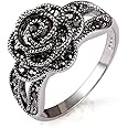 Rhinestone Black Flower Finger Ring For Women Brand Jewelry Vintage Style Size 7-9