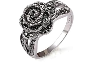 ZYOENXL Rhinestone Black Flower Finger Ring For Women Brand Jewelry Vintage Style Size 7-9