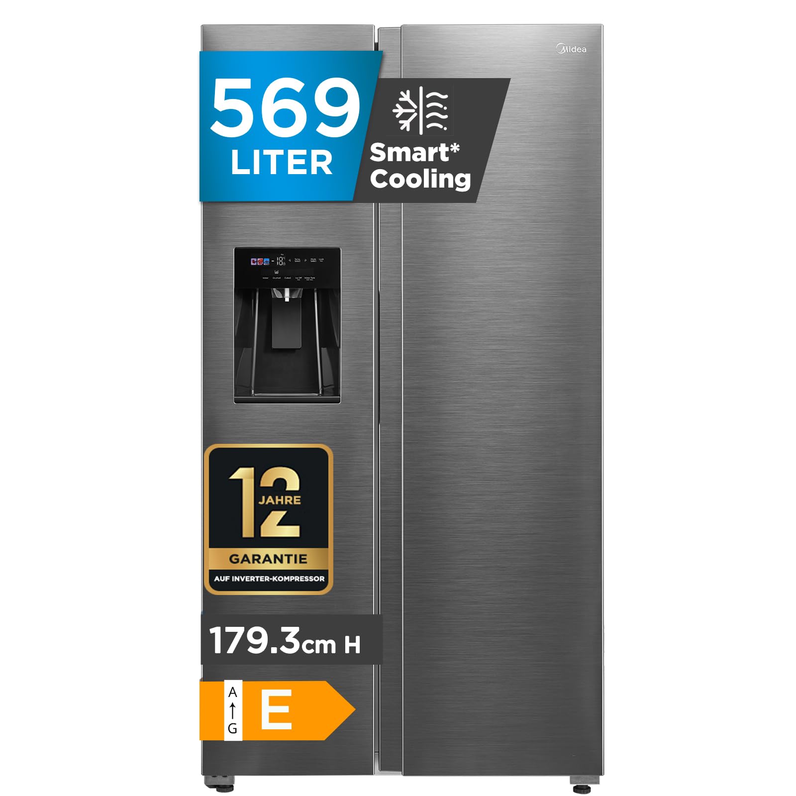 Midea Side-by-Side Kühl-Gefrierkombination 569 L | Eiswürfel- & Wasserspender, WiFi-Steuerung | No Frost, Multi-Air-Flow, Platinum Fresh | 178,6 cm, MDRS761MIE46