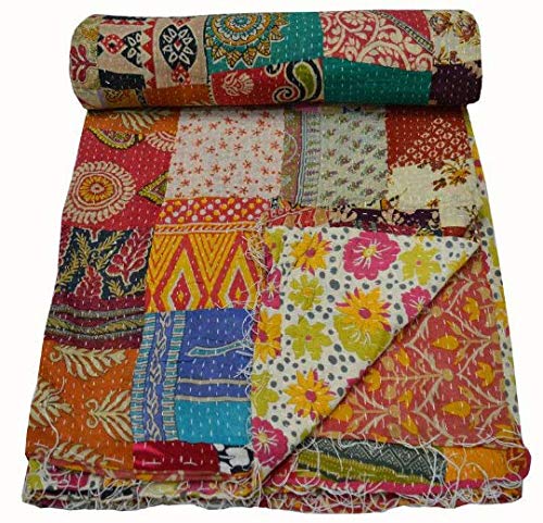 Estationeryhouse Indian Vintage patchwork Kantha Quilt Handmade Throw Reversible Blanket Bedspread Cotton Fabric BOHEMIAN quilt (85x55 inch)