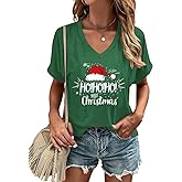 Christmas Shirts for Women V Neck Merry Christmas Tshirt Funny Xmas Holiday Graphic Short Sleeve Tee Tops