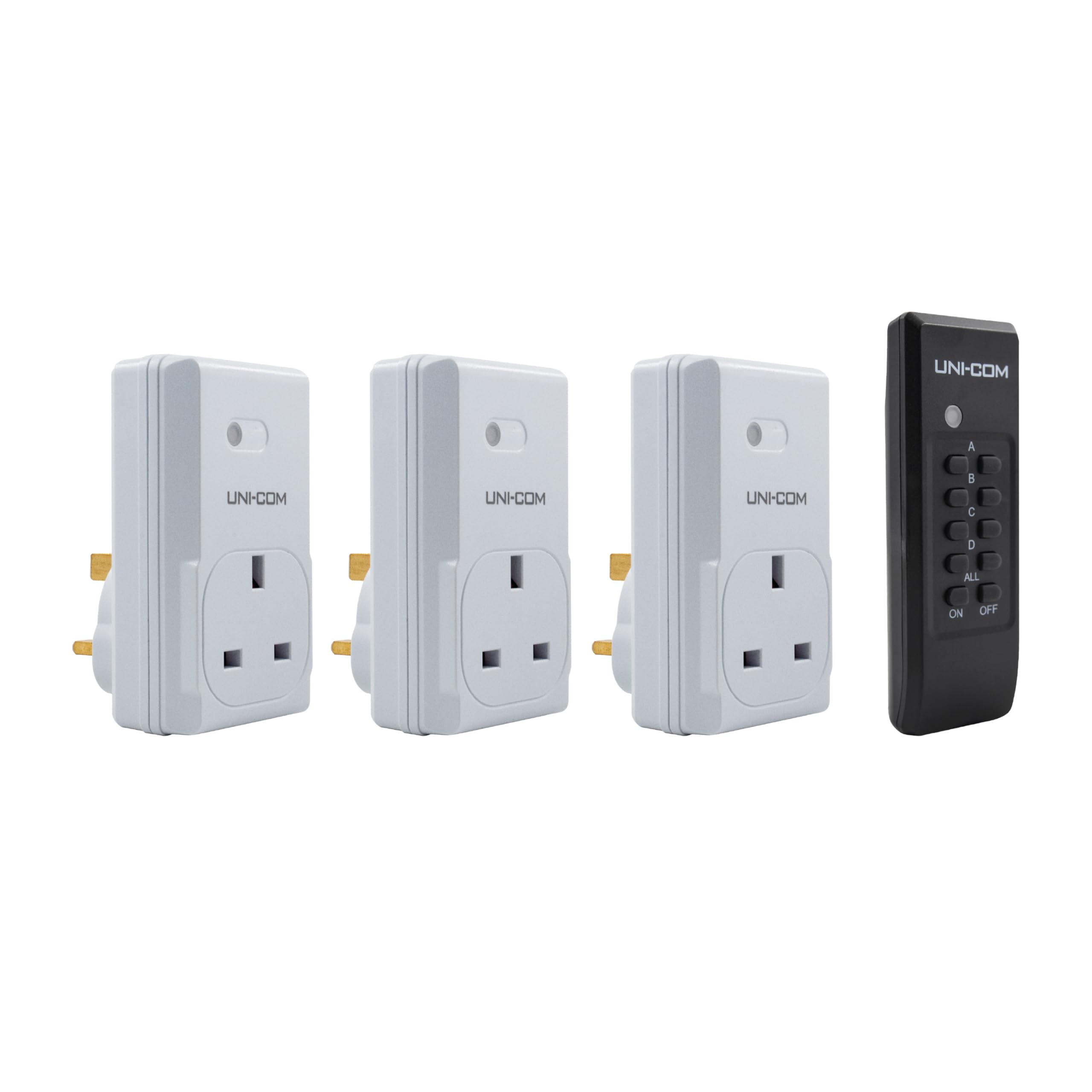 Uni-Com Wireless Remote Control Sockets, 20 Metre Operating Range, Easy to Use for Switching Lamps, Televisions & Household Appliances On & Off – 3 Pack & 1 Remote