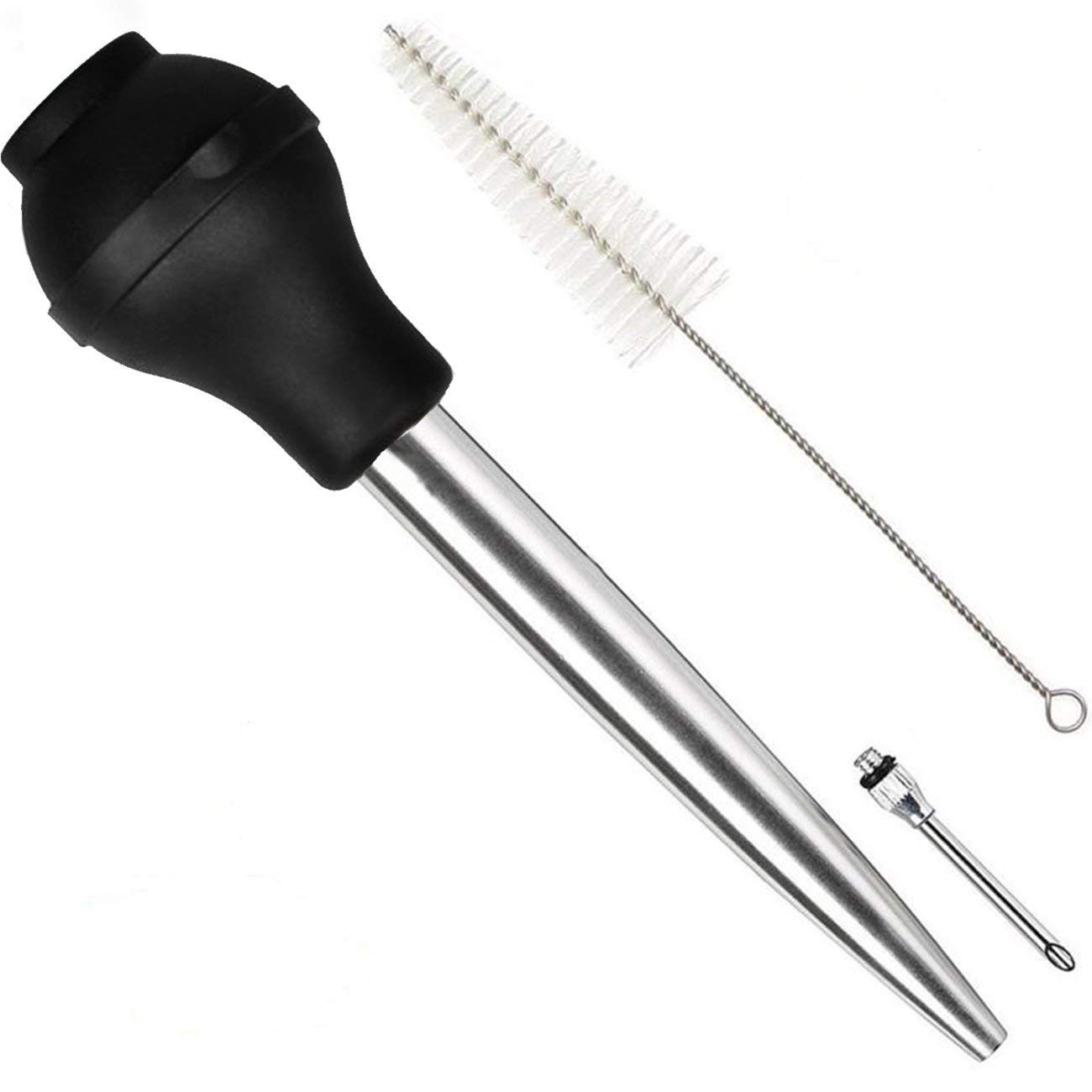 Home Servz Deluxe 304 Stainless Steel Turkey Baster Syringe Injector Needle With Cleaning Brush- Newest black Silicone Bulb